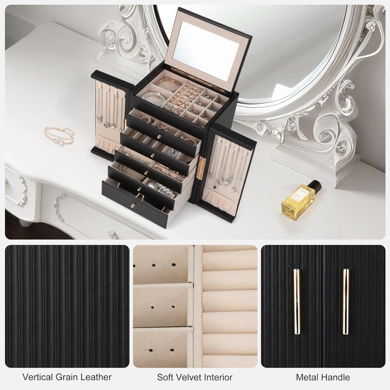 Dajasan Large Jewelry Organizer Box with 5 Drawers, Jewelry Box for Women, 6-Tier Jewelry Storage Organizer with Mirror for Necklace Ring Bracelet Watch, Gift Idea (Black) - Image 5